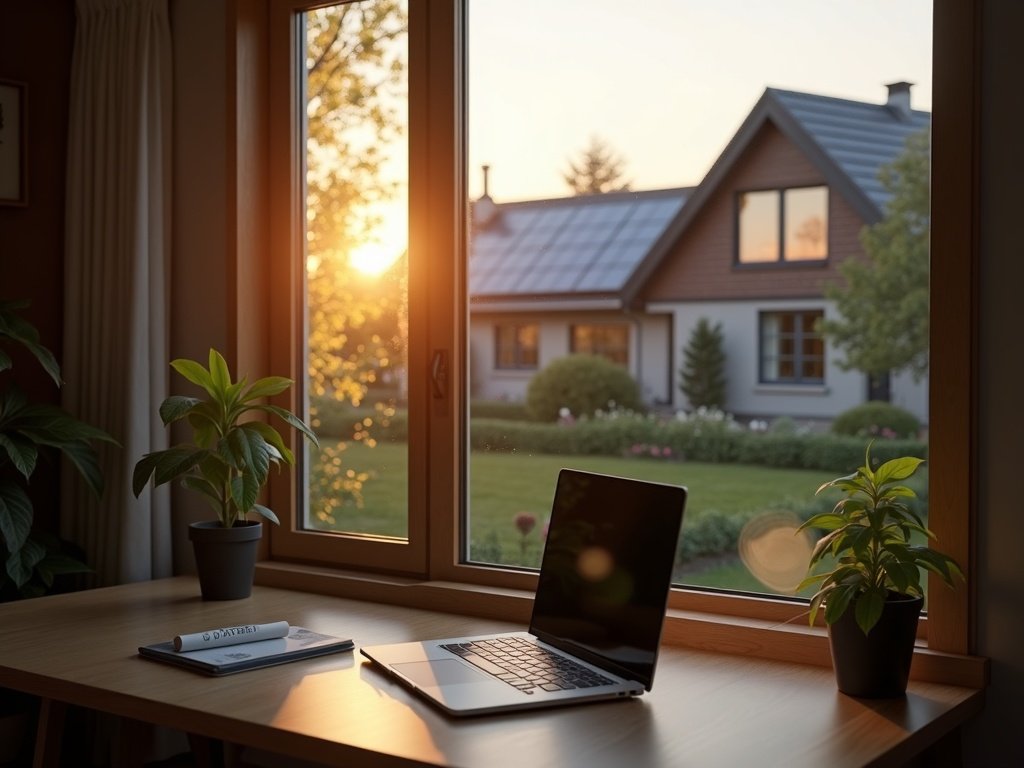 Schreibtisch mit Laptop am Fenster, dahinter ein Haus mit Solardach im Abendlicht (KI-generiertes Bild)