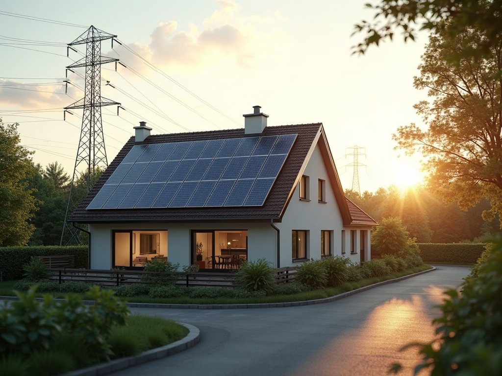 Wohnhaus mit Photovoltaik auf dem Dach, dahinter ein Strommast mit Freileitung im Abendlicht (KI-generiertes Bild)