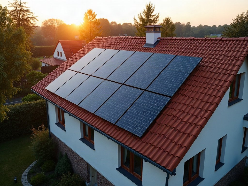 Einfamilienhaus mit rotem Ziegeldach in der Abendsonne, darauf eine vollflächige Photovoltaikanlage aus zwölf Modulen (KI-generiertes Bild)