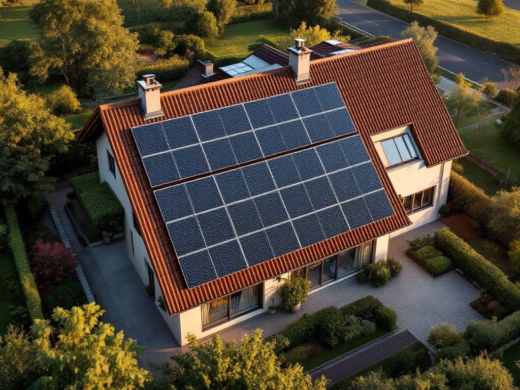 Luftaufnahme eines Einfamilienhauses mit rotem Ziegeldach und großflächiger Solaranlage, Garten im warmen Abendlicht (KI-generiertes Bild)