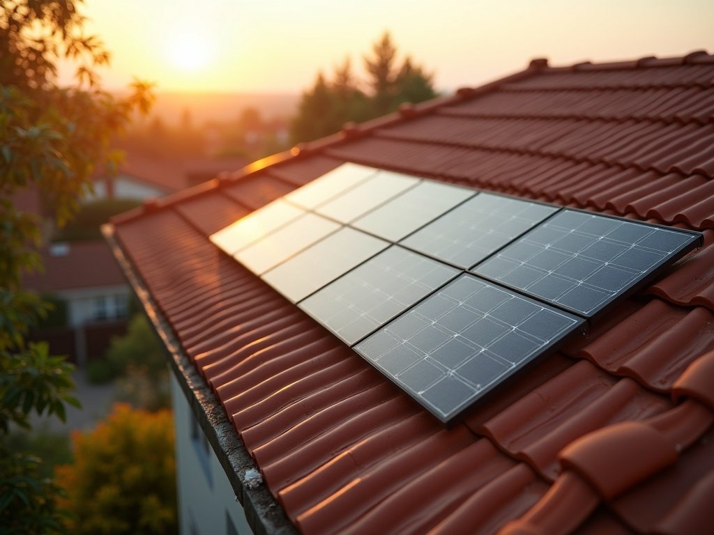 Solarmodule auf einem roten Ziegeldach in der goldenen Abendsonne (KI-generiertes Bild)
