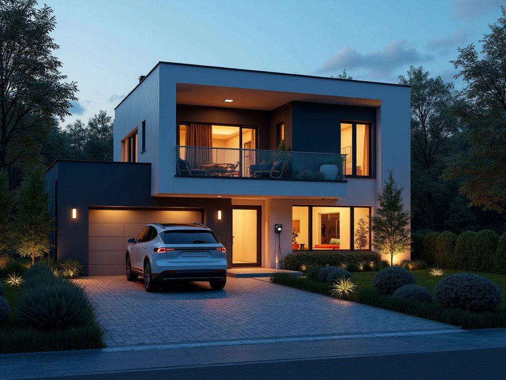 Modernes Einfamilienhaus in der blauen Stunde, Elektroauto lädt an der Wallbox in der Einfahrt (KI-generiertes Bild)