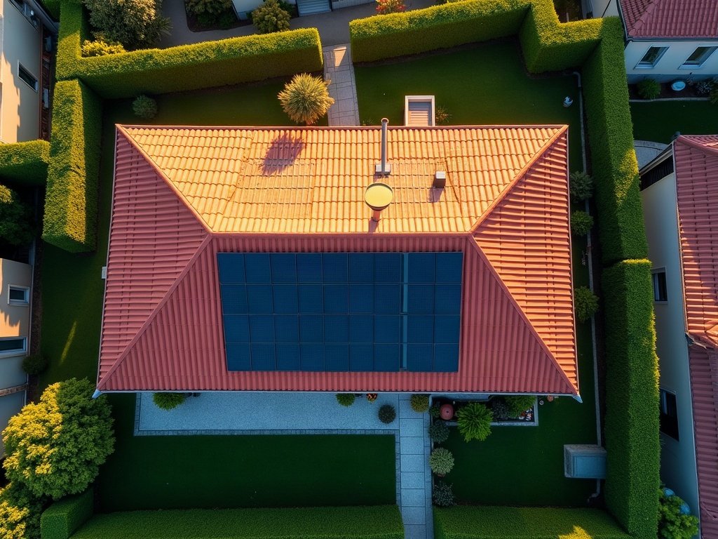 Luftaufnahme eines Einfamilienhauses mit roten Dachziegeln, auf dem Dach eine Photovoltaikanlage, ringsum Garten und Nachbarhäuser (KI-generiertes Bild)