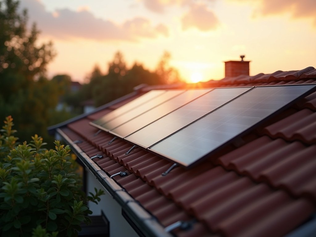 Nahaufnahme von Solarmodulen auf einem roten Ziegeldach im Abendlicht (KI-generiertes Bild)