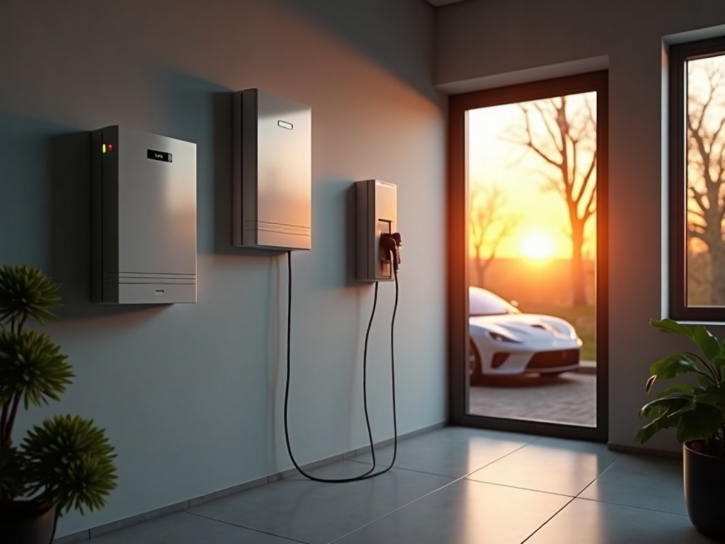 Hauswirtschaftsraum mit wandmontiertem Batteriespeicher, Wärmepumpen-Innengerät und Ladekabel, dahinter durch die offene Tür ein Auto in der Abendsonne (KI-generiertes Bild)