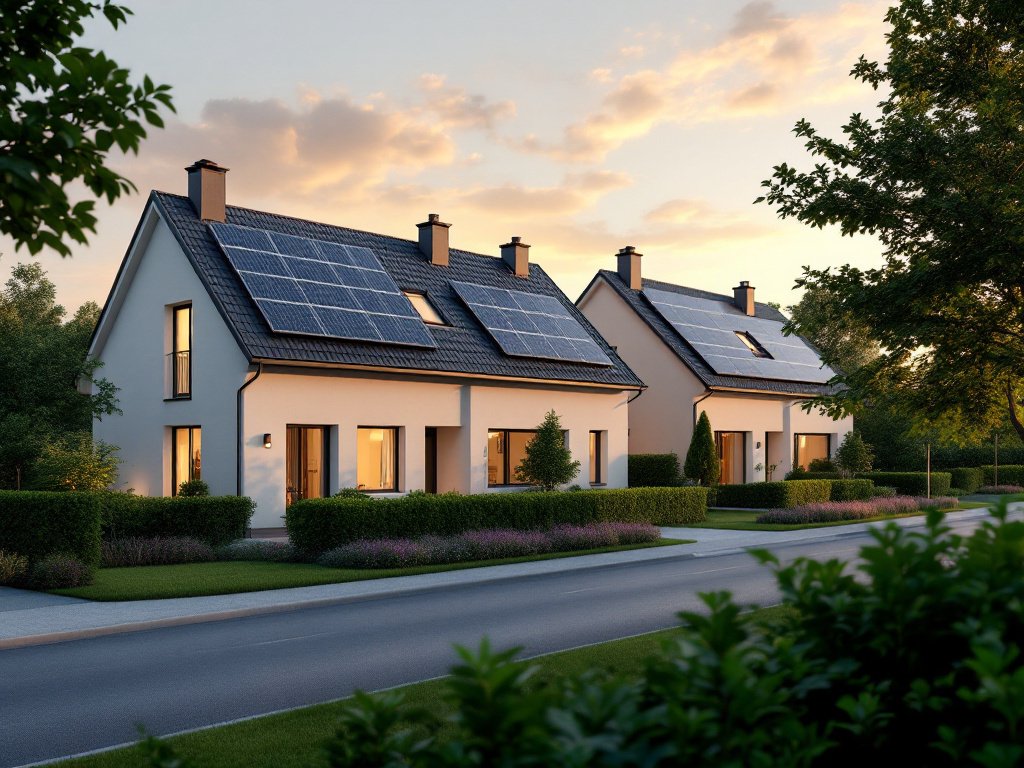 Reihe moderner Einfamilienhäuser mit Solarmodulen auf den Dächern an einer ruhigen Wohnstraße im Abendlicht (KI-generiertes Bild)