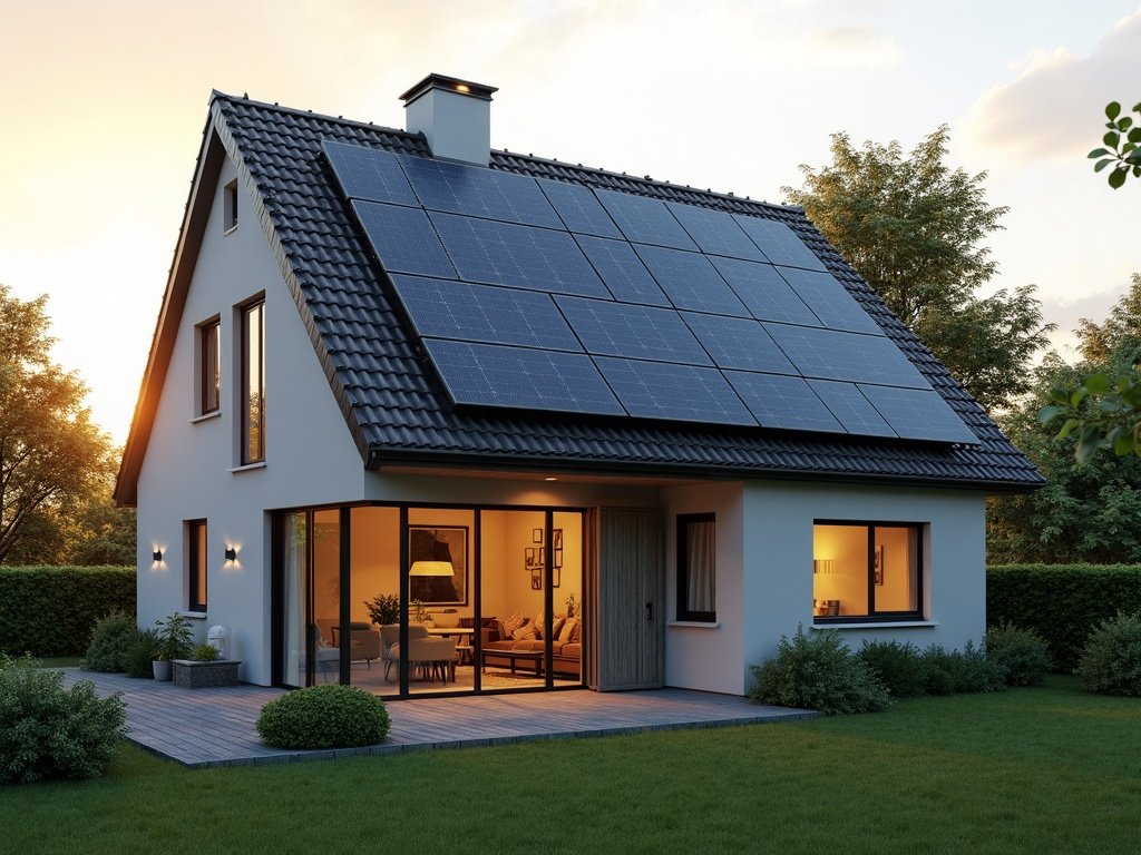 Modernisiertes Einfamilienhaus mit Photovoltaik auf dem Dach und Luft-Wärmepumpe an der Fassade im Abendlicht (KI-generiertes Bild)