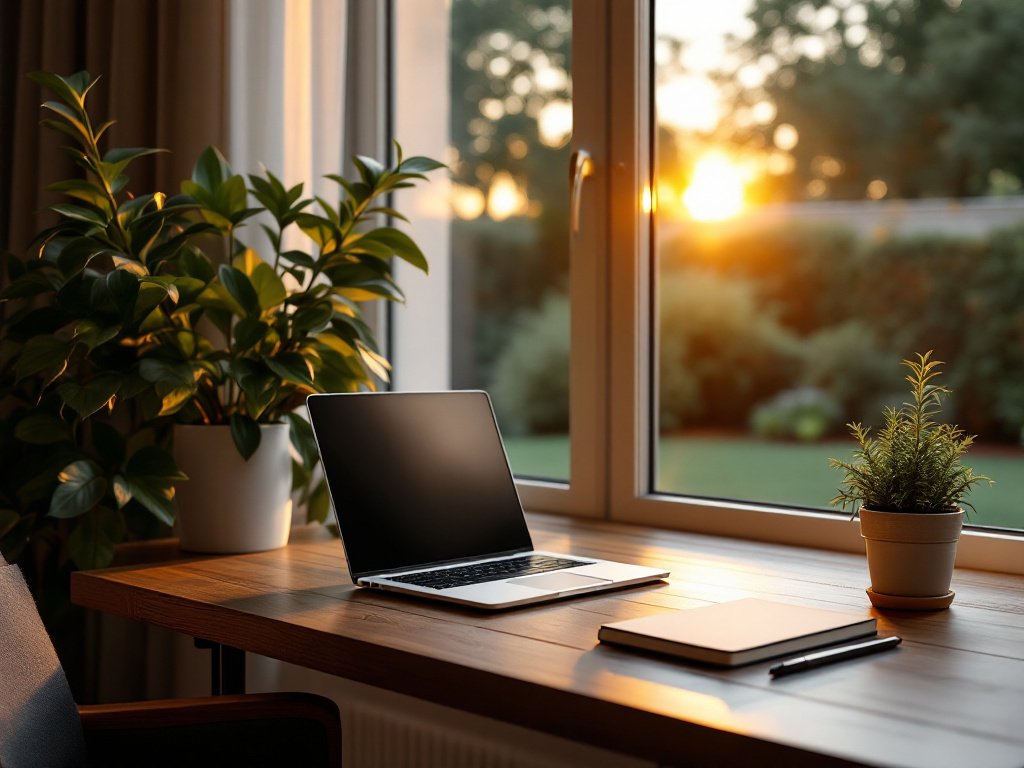 Schreibtisch mit aufgeklapptem Laptop und Zimmerpflanze an einem großen Fenster im Abendlicht (KI-generiertes Bild)