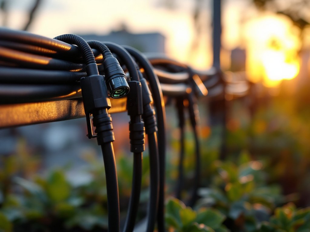 Sauber gebündelte schwarze Kabel mit wetterfesten Steckverbindern, entlang einer Schiene geclipst (KI-generiertes Bild)