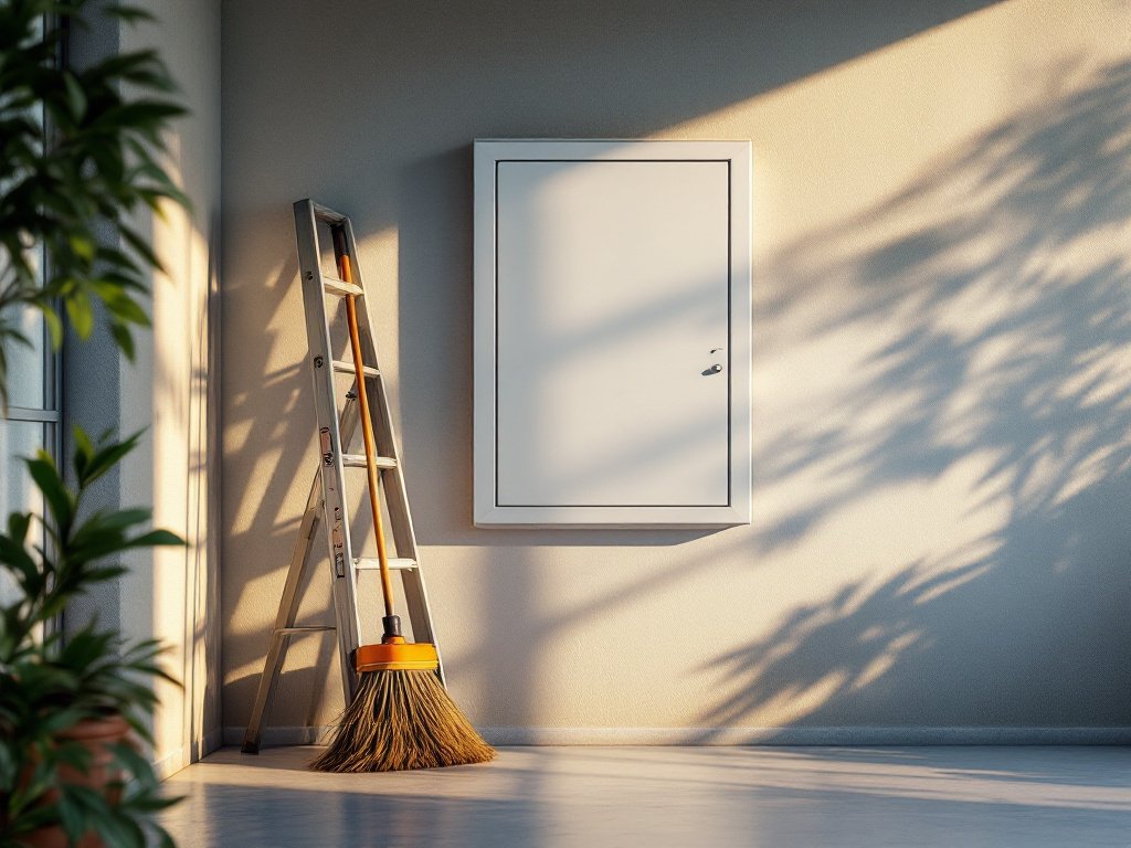 Geschlossener Hausanschlusskasten an der Wand eines aufgeräumten Technikraums, daneben Besen und Leiter (KI-generiertes Bild)