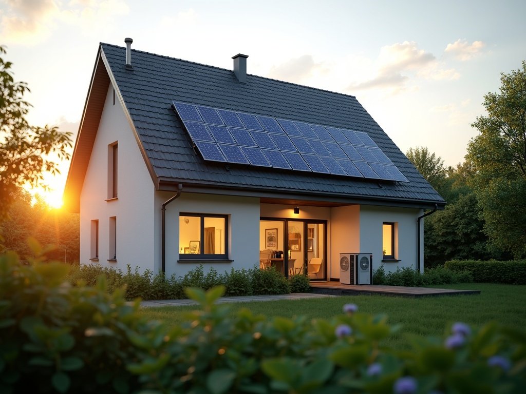 Modernes Wohnhaus mit Solarmodulen auf dem Dach und einer Luft-Wärmepumpe an der Fassade im Abendlicht (KI-generiertes Bild)