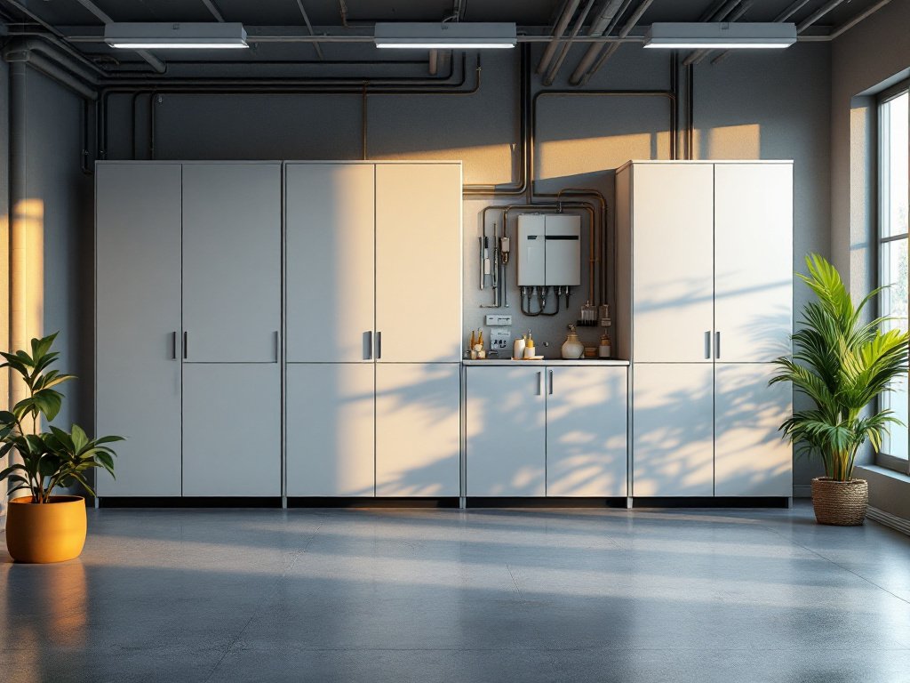 Aufgeräumter Heizungsraum mit weißen Technikschränken und Rohrleitungen unter der Decke (KI-generiertes Bild)