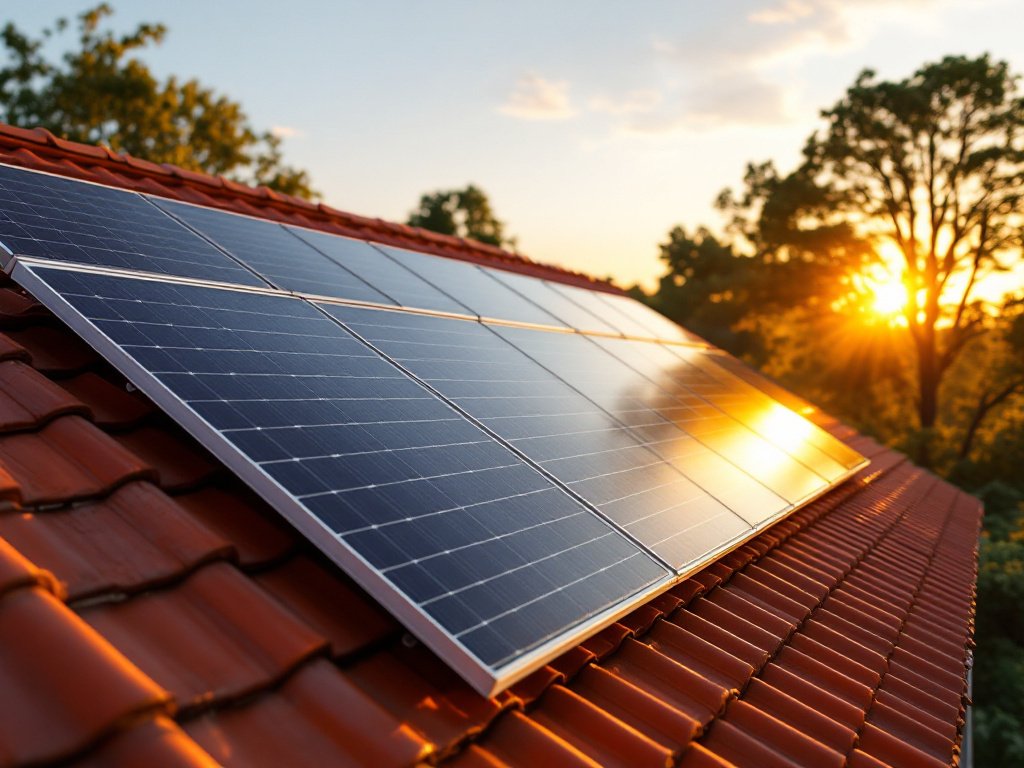 Solarmodule auf einem roten Ziegeldach im starken Gegenlicht der tiefstehenden Sonne (KI-generiertes Bild)