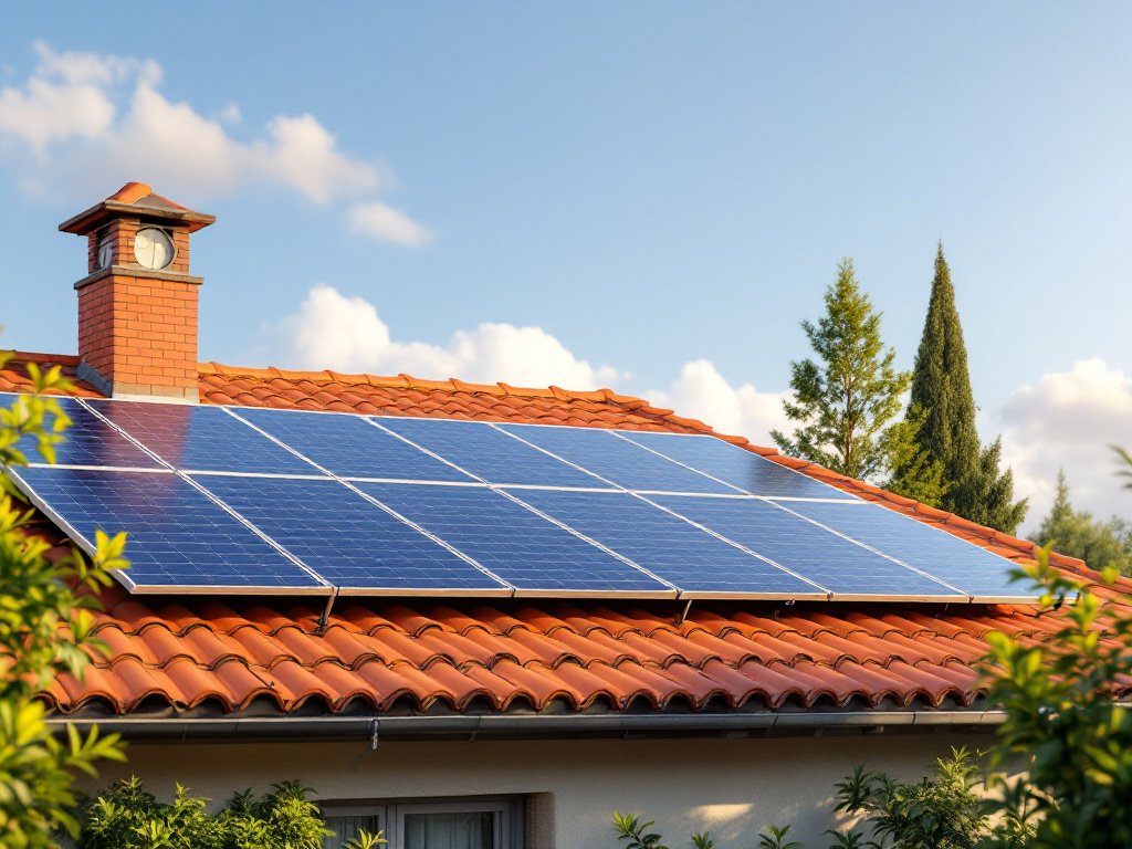 Vollständig belegte Photovoltaikanlage auf einem roten Ziegeldach im klaren Morgenlicht (KI-generiertes Bild)