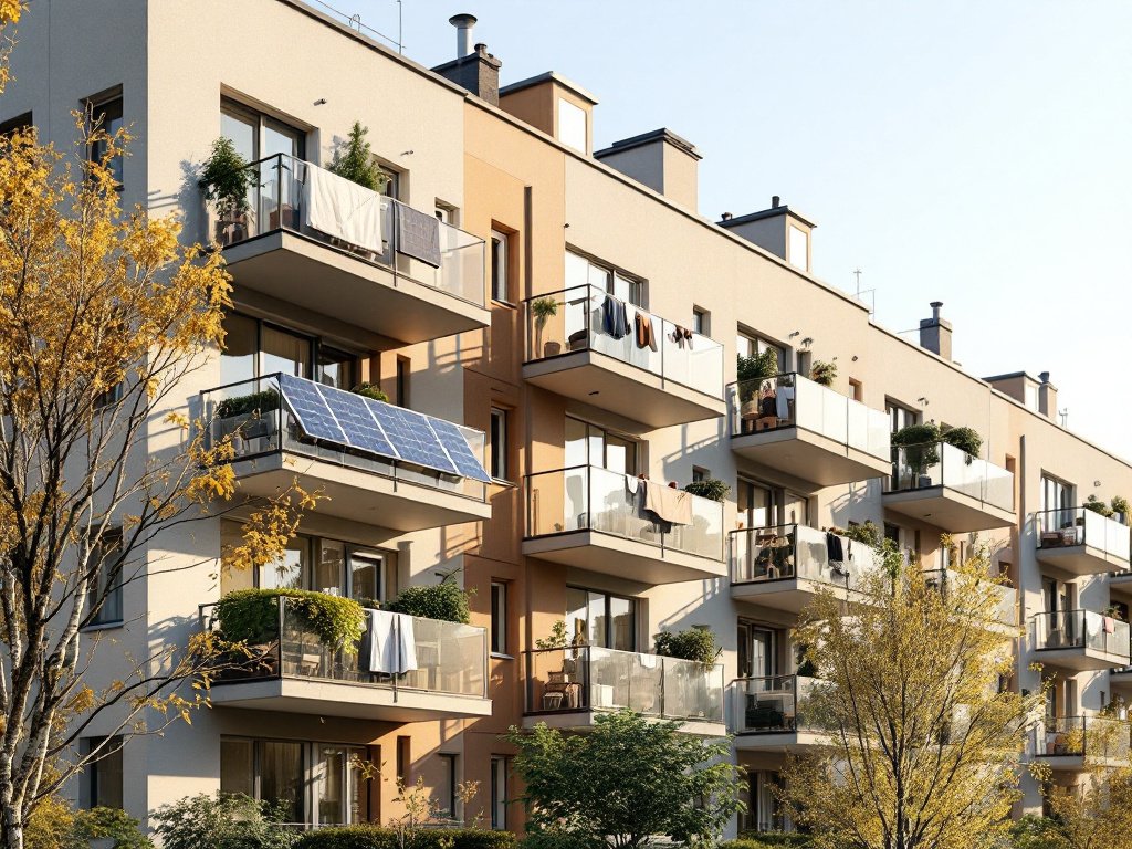 Fassade eines Mehrfamilienhauses mit Glasbalkonen, an einem Balkongeländer hängen Solarmodule, davor Birken im klaren Morgenlicht (KI-generiertes Bild)