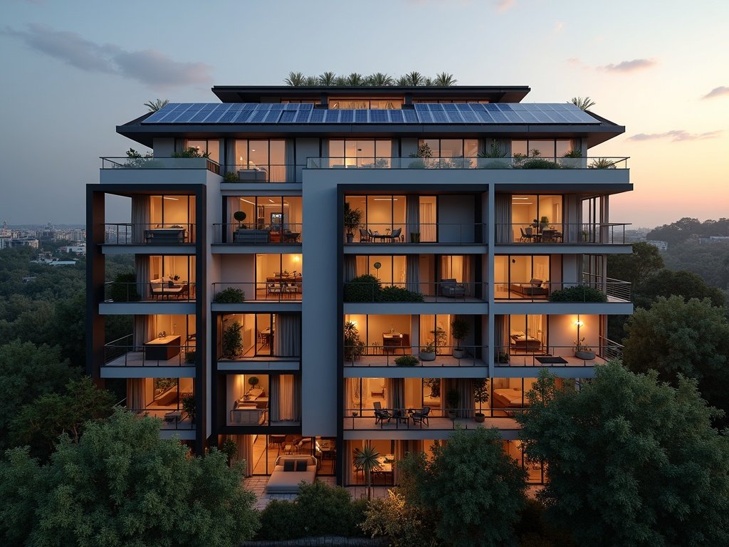 Mehrfamilienhaus mit Photovoltaik auf dem Dach im Abendlicht (KI-generiertes Bild)