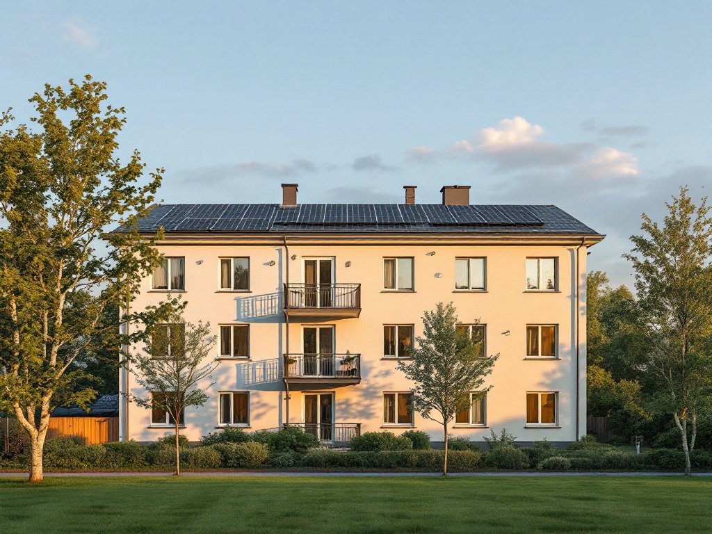 Sanierter Wohnblock mit hell verputzter Fassade, auf dem Flachdach eine Photovoltaikanlage, davor Birken und Rasen (KI-generiertes Bild)