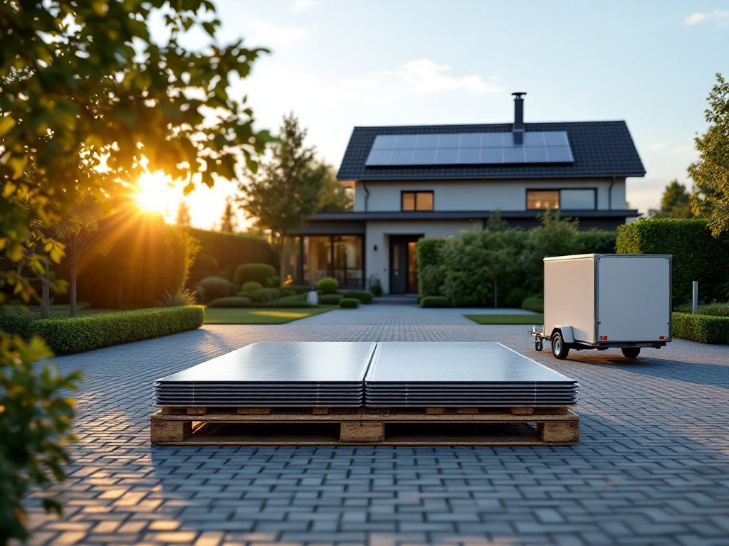 Flacher Stapel demontierter Solarmodule auf einer Holzpalette in einem gepflasterten Hof, daneben ein geschlossener Anhänger, im Hintergrund ein Wohnhaus mit Dach-PV in der Abendsonne (KI-generiertes Bild)