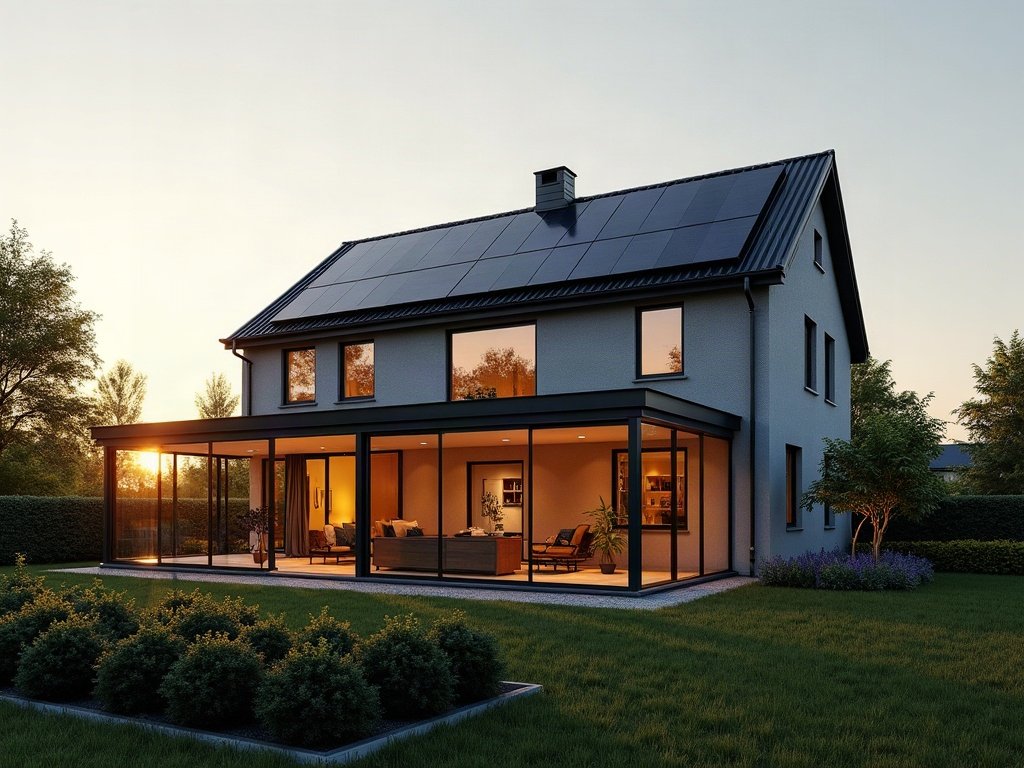 Modernes Einfamilienhaus in der Abendsonne, das Dach vollflächig mit dunklen Solarmodulen belegt, davor ein verglaster Wintergarten, in dem sich der Abendhimmel spiegelt (KI-generiertes Bild)