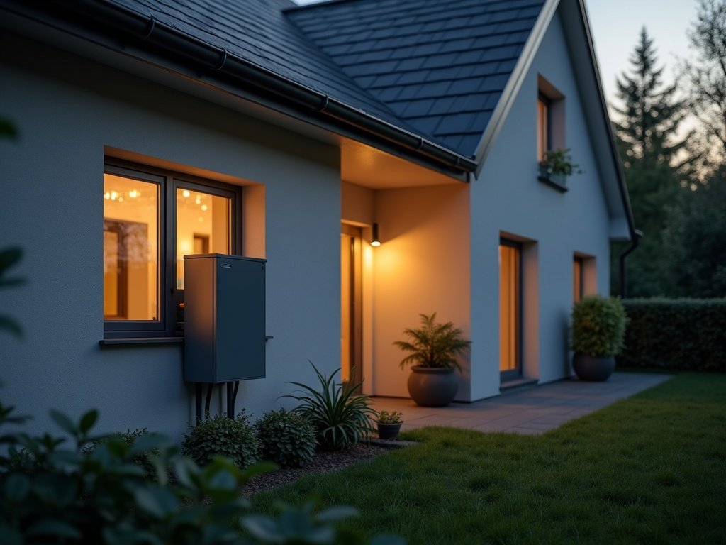 Hausanschlusskasten und Zählerschrank an der Fassade eines modernen Wohnhauses im Abendlicht (KI-generiertes Bild)