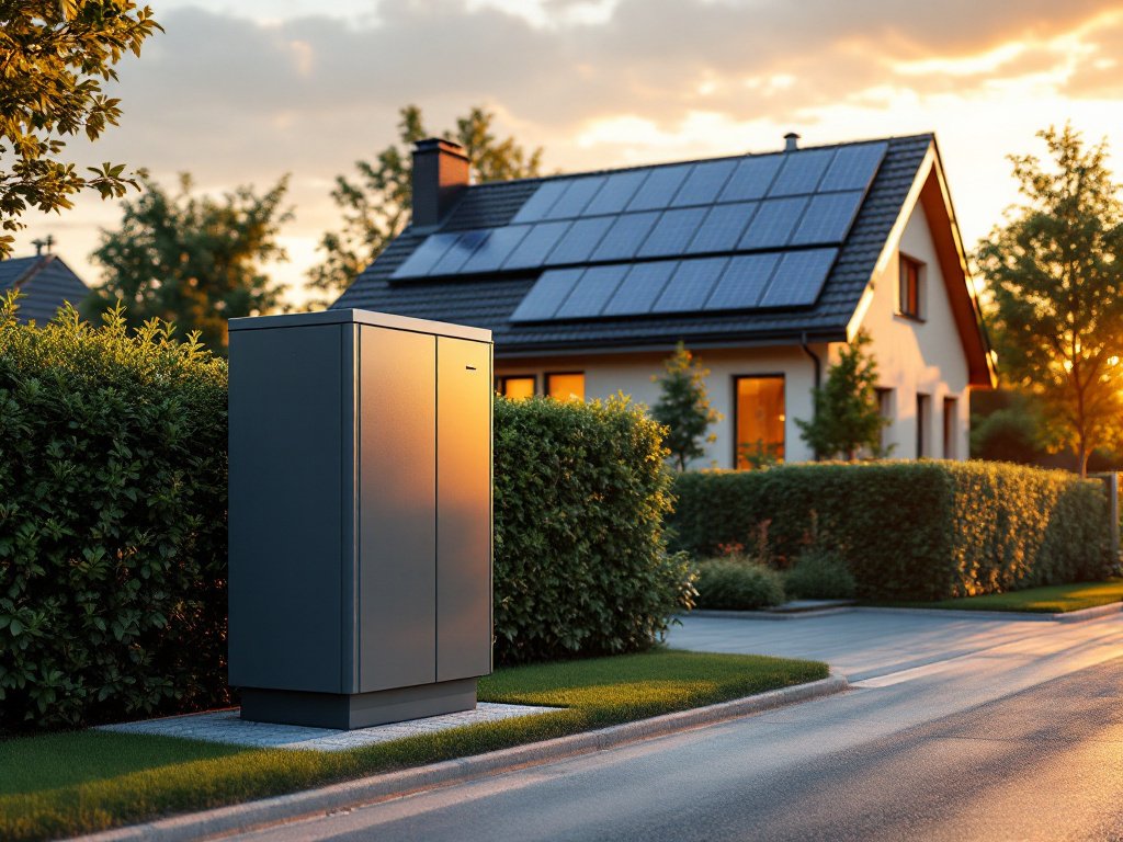 Graue Ortsnetzstation am Rand einer Wohnstraße, dahinter ein Haus mit Solardach in der Abendsonne (KI-generiertes Bild)