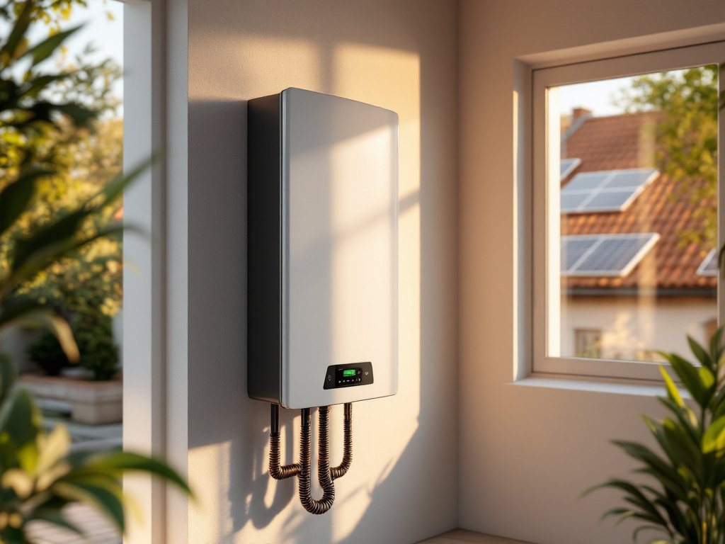 Wandmontierter Wechselrichter in einem hellen Hauswirtschaftsraum, durchs Fenster ein Nachbardach mit Solarmodulen (KI-generiertes Bild)