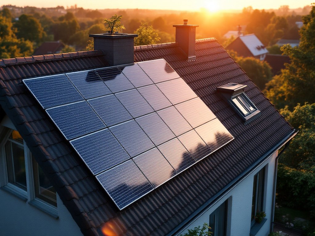 Satteldach von oben entlang des Firsts, beide Dachflächen mit Solarmodulen belegt (KI-generiertes Bild)