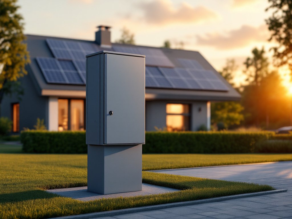Freistehende graue Anschlusssäule am Grundstücksrand, dahinter ein Wohnhaus mit Dach-PV im Abendlicht (KI-generiertes Bild)