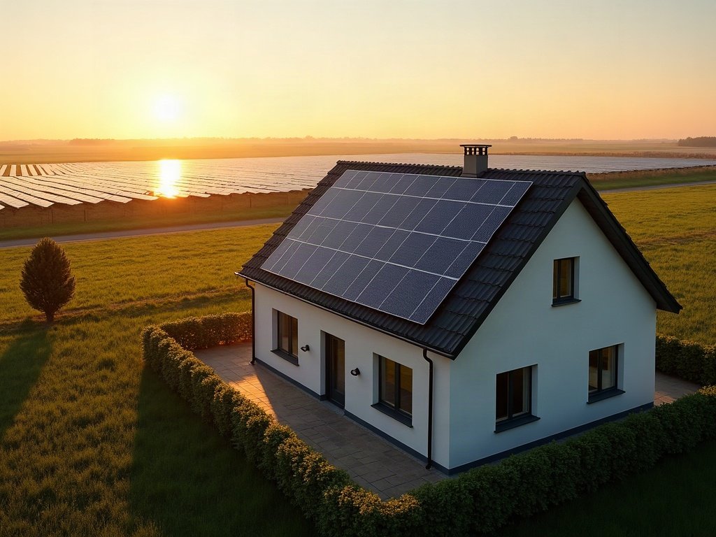 Einfamilienhaus mit Photovoltaik auf dem Dach, dahinter am Horizont ein großer Freiflächen-Solarpark im Abendlicht (KI-generiertes Bild)