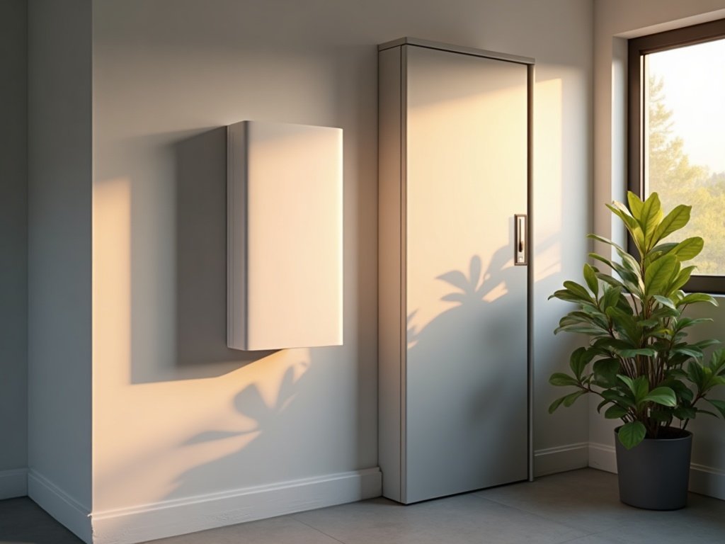 Wandmontierter Heimspeicher neben einem geschlossenen Zählerschrank in einem hellen Hauswirtschaftsraum im Abendlicht (KI-generiertes Bild)