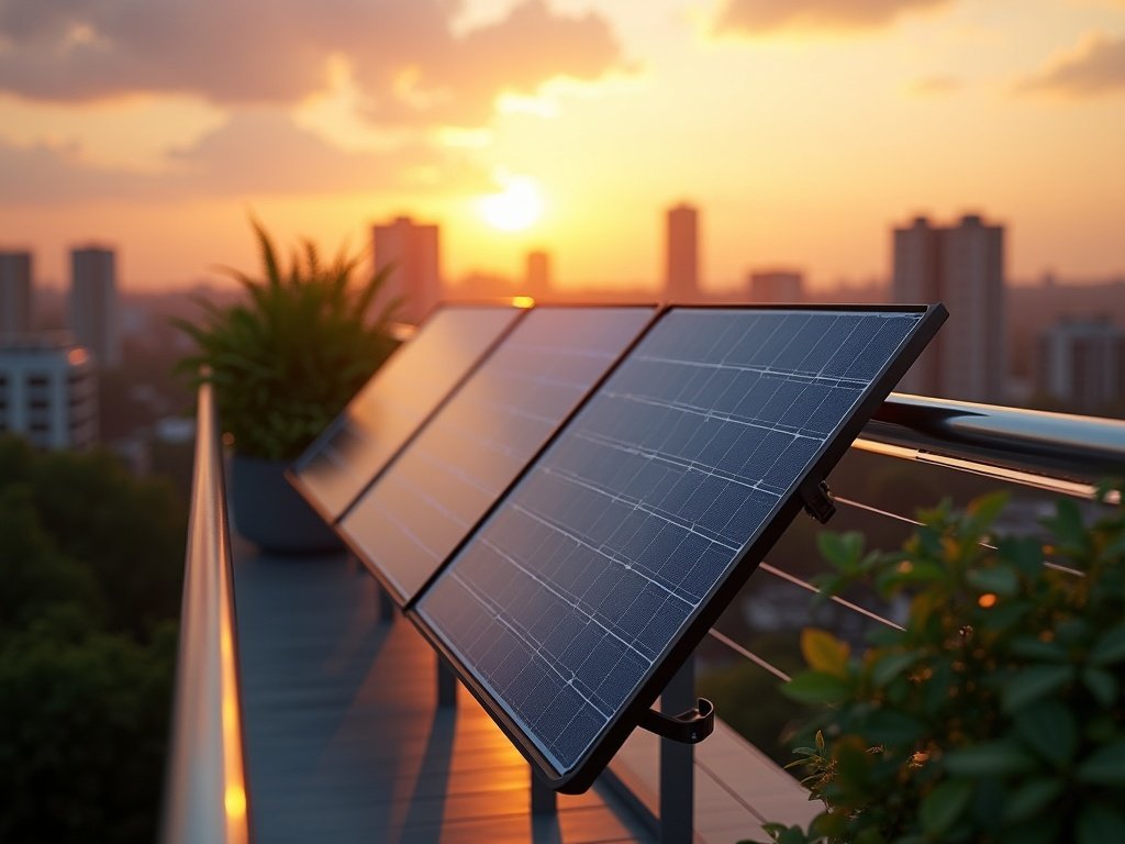 Steckersolar-Module am Balkongeländer eines Mehrfamilienhauses im Abendlicht über der Stadt (KI-generiertes Bild)