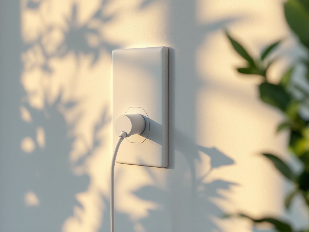 Moderne weiße Wandsteckdose mit eingestecktem Stecker an einer glatten Putzwand (KI-generiertes Bild)
