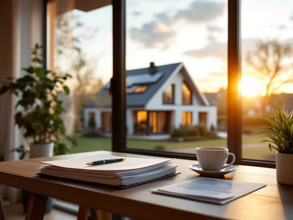 Schreibtisch am Fenster mit Unterlagenstapel, Füller und Kaffeetasse, dahinter ein Haus mit Solardach im Abendlicht (KI-generiertes Bild)