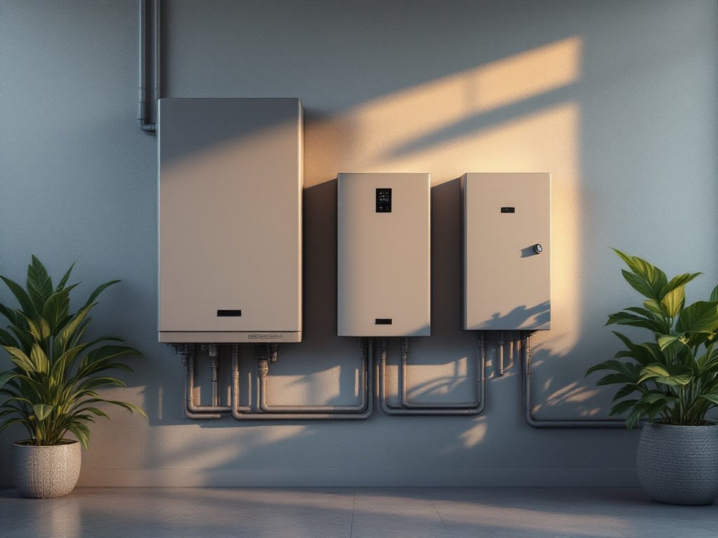 Drei weiße Technikgeräte nebeneinander an einer hellen Wand, mit sauber verlegter Verrohrung dazwischen (KI-generiertes Bild)
