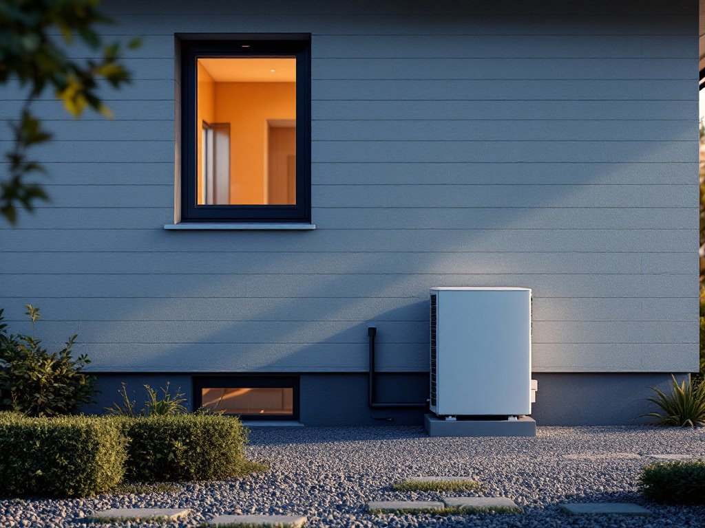 Wärmepumpen-Außengerät auf einem Kiesbett an der Fassade eines Wohnhauses (KI-generiertes Bild)