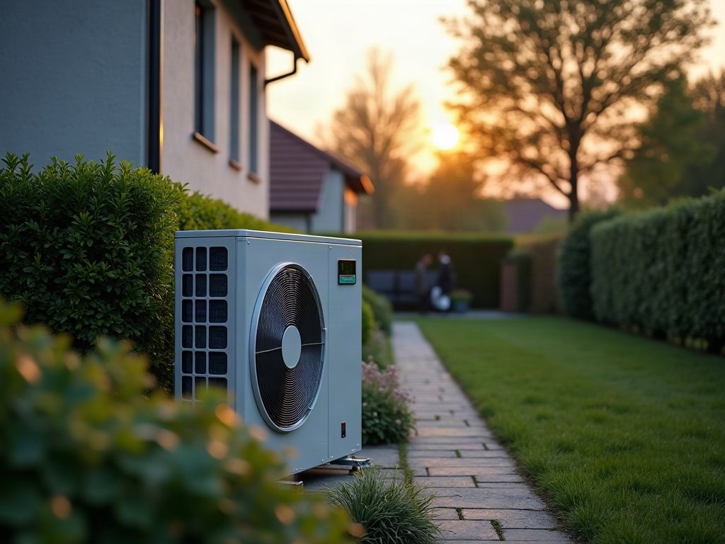 Außeneinheit einer Luft-Wärmepumpe im Garten neben einem modernen Wohnhaus, dahinter eine Hecke und das Nachbargrundstück im Abendlicht (KI-generiertes Bild)