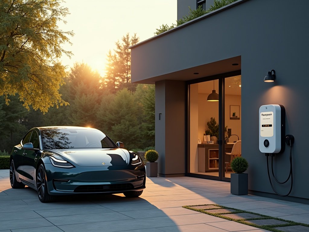 Elektroauto lädt an einer Wallbox vor einem modernen Wohnhaus im Abendlicht (KI-generiertes Bild)