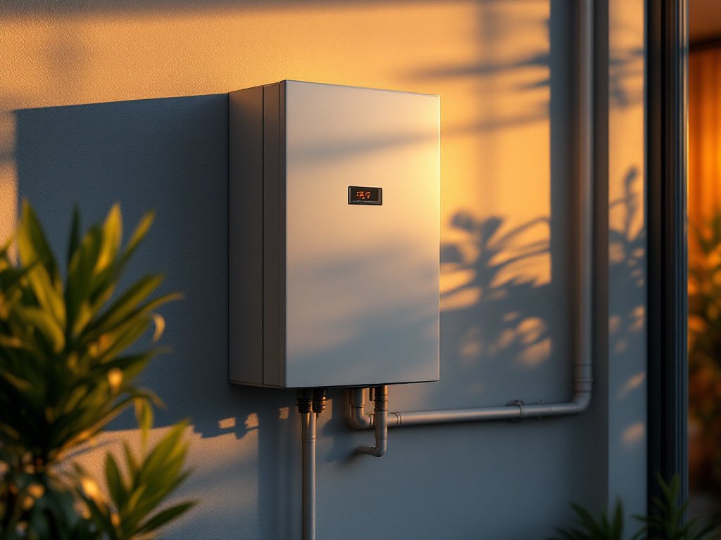 Grauer Wechselrichter an der hellen Wand eines Hauswirtschaftsraums, darunter sauber verlegte Leitungen, warmes Abendlicht mit langen Schatten (KI-generiertes Bild)