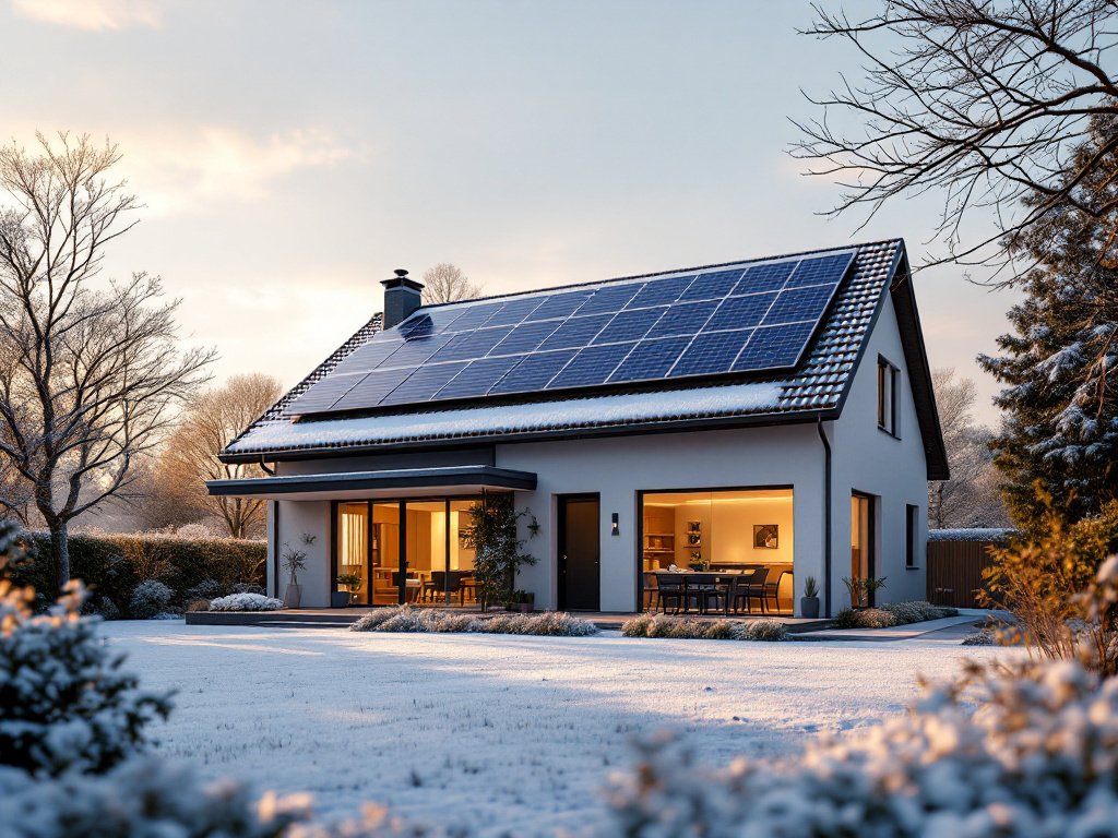 Modernes Wohnhaus mit Dach-Photovoltaik im Winterlicht, Schnee auf Rasen und Dachrand, die Module größtenteils frei
