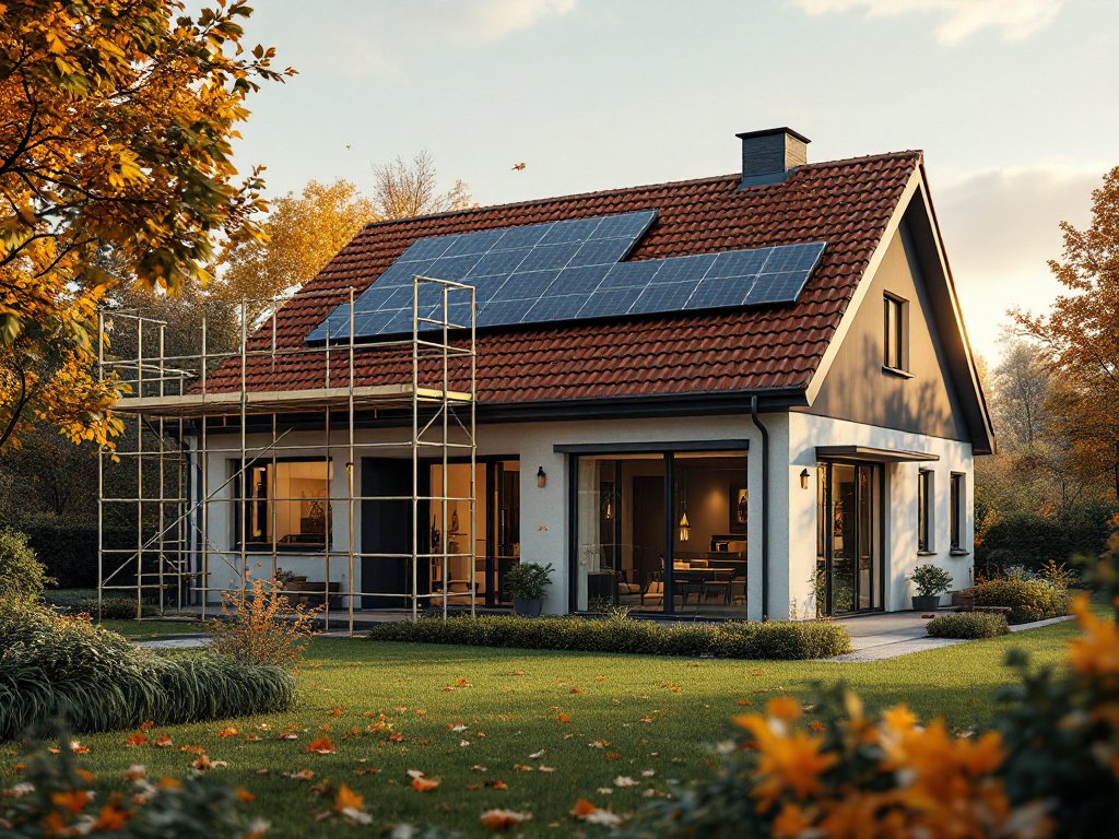 Wohnhaus im Herbst mit Gerüst an der Seite und teilweise fertiger Solaranlage auf dem Ziegeldach, Laub auf dem Rasen (KI-generiertes Bild)