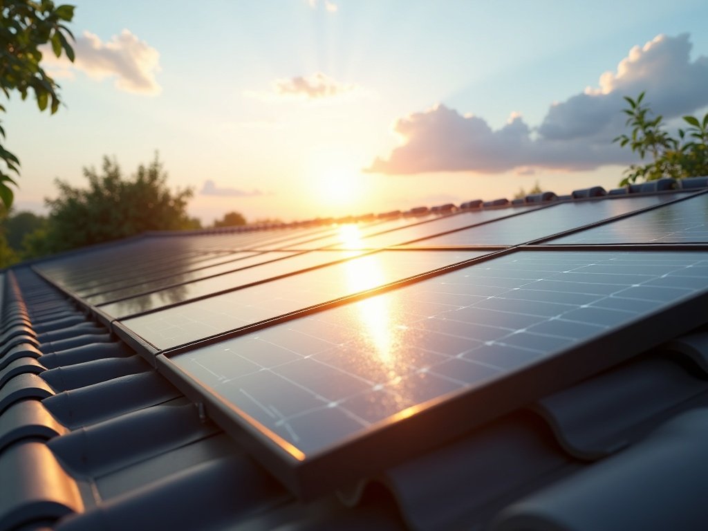 Photovoltaik-Anlage auf einem Hausdach in der Abendsonne (KI-generiertes Bild)