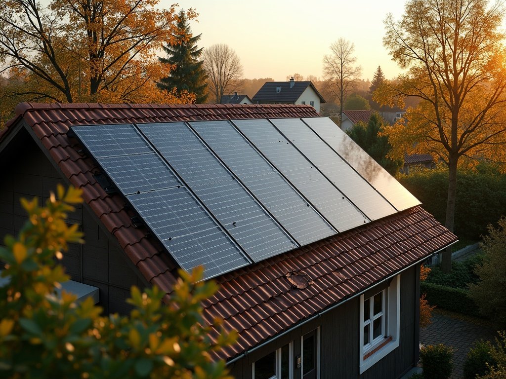 Ältere Photovoltaik-Anlage auf einem Hausdach in der Herbstsonne (KI-generiertes Bild)