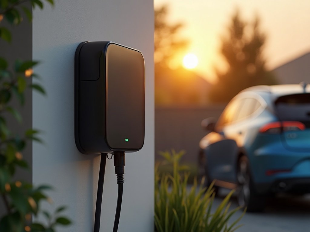 E-Auto lädt an einer Wallbox in der Einfahrt in der Abendsonne (KI-generiertes Bild)
