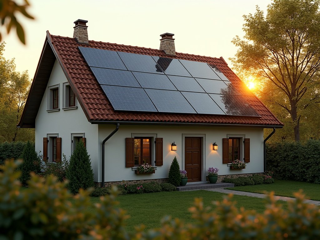 Älteres Wohnhaus mit rotem Ziegeldach und darauf montierter Solaranlage, Abendsonne hinter den Bäumen (KI-generiertes Bild)