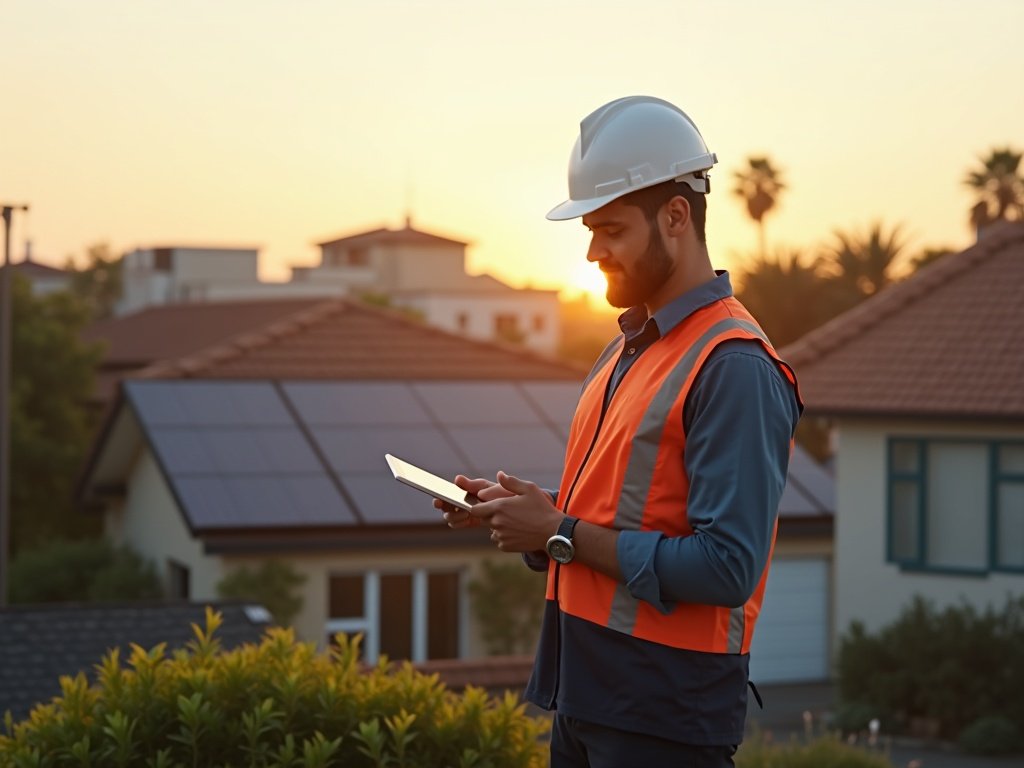 Solarmodule auf einem Dach, Kontrolle im Betrieb, Abendlicht (KI-generiertes Bild)