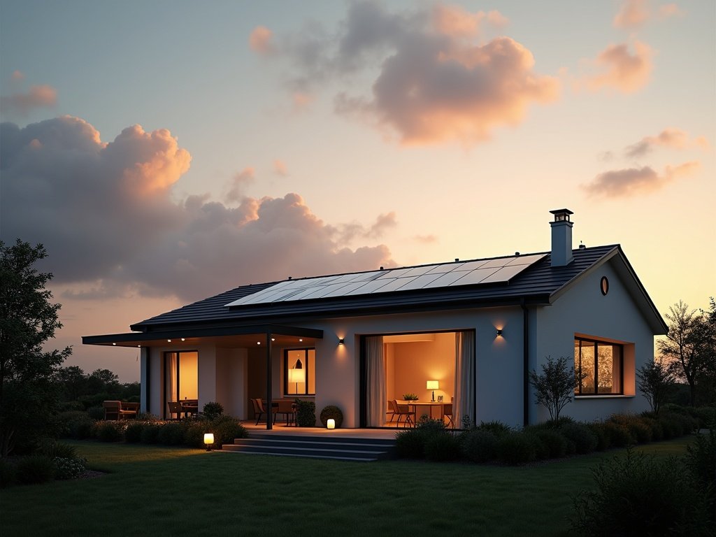 Modernes Wohnhaus mit Solarmodulen auf dem Satteldach in der blauen Stunde, warm beleuchtete Wohnräume hinter großen Fensterfronten (KI-generiertes Bild)