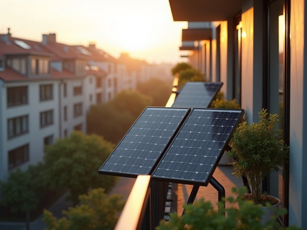 Zwei Solarmodule am Balkongeländer in der Abendsonne (KI-generiertes Bild)