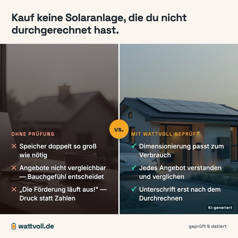 Vergleichsgrafik: Solaranlage ohne Prüfung vs. mit Wattvoll geprüft (Angebot)