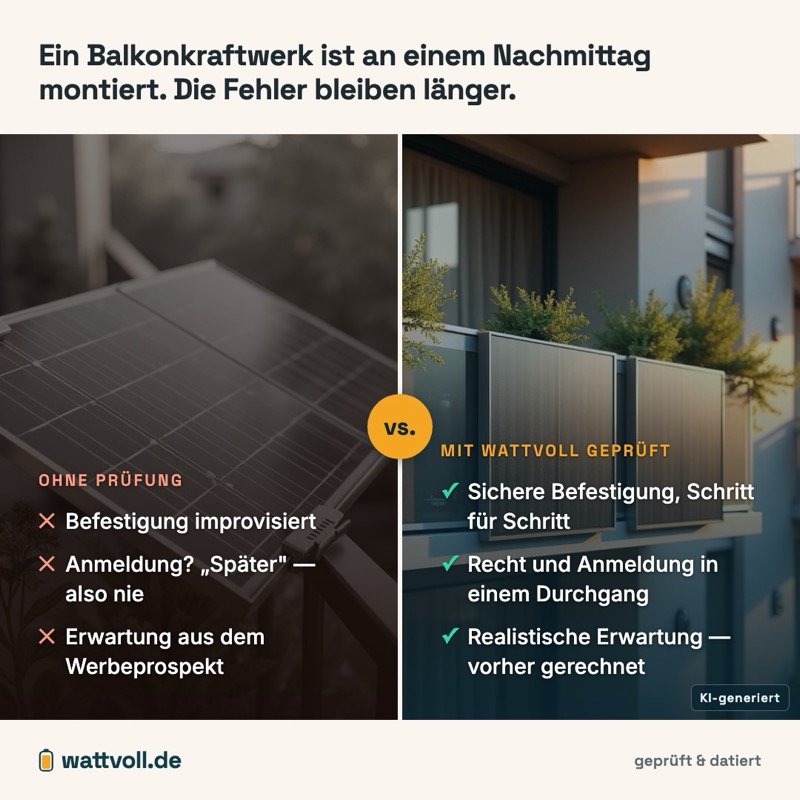 Vergleichsgrafik: Balkonkraftwerk ohne Prüfung vs. geprüft