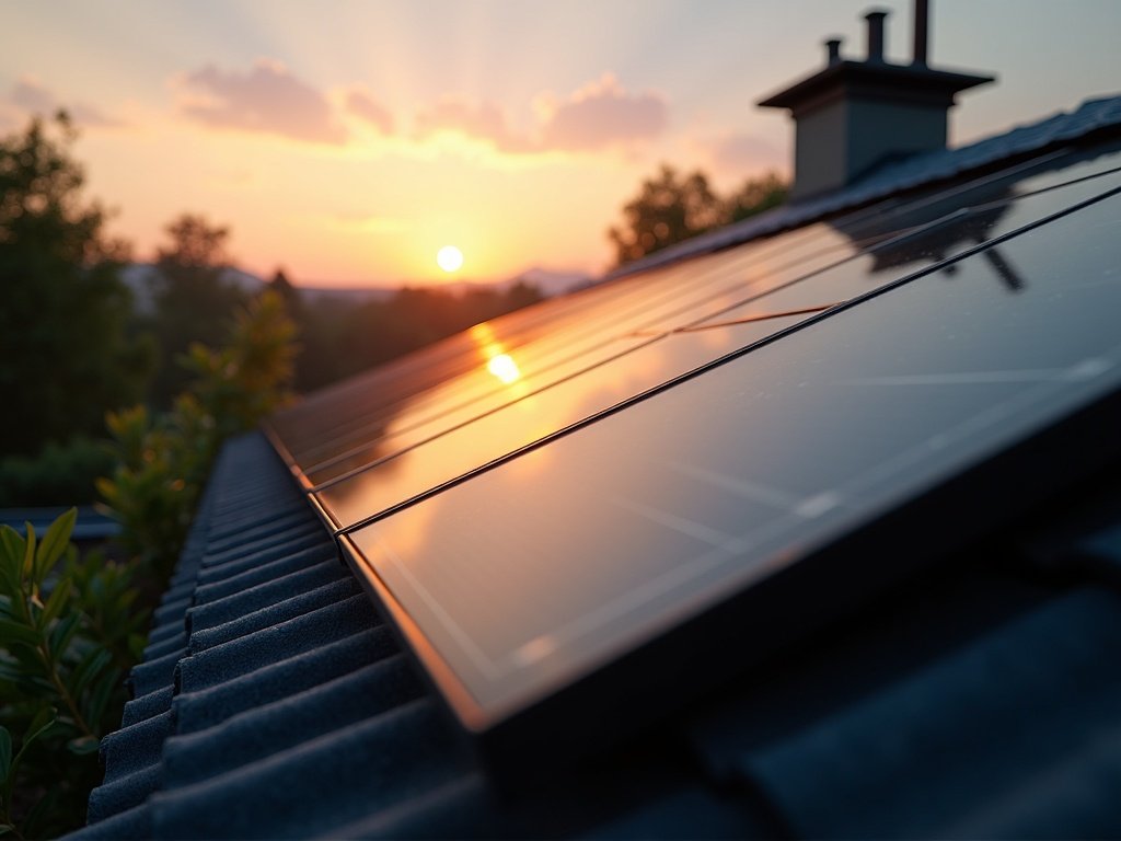 Solarmodule auf einem Dach im Abendlicht, teils im Schatten (KI-generiertes Bild)